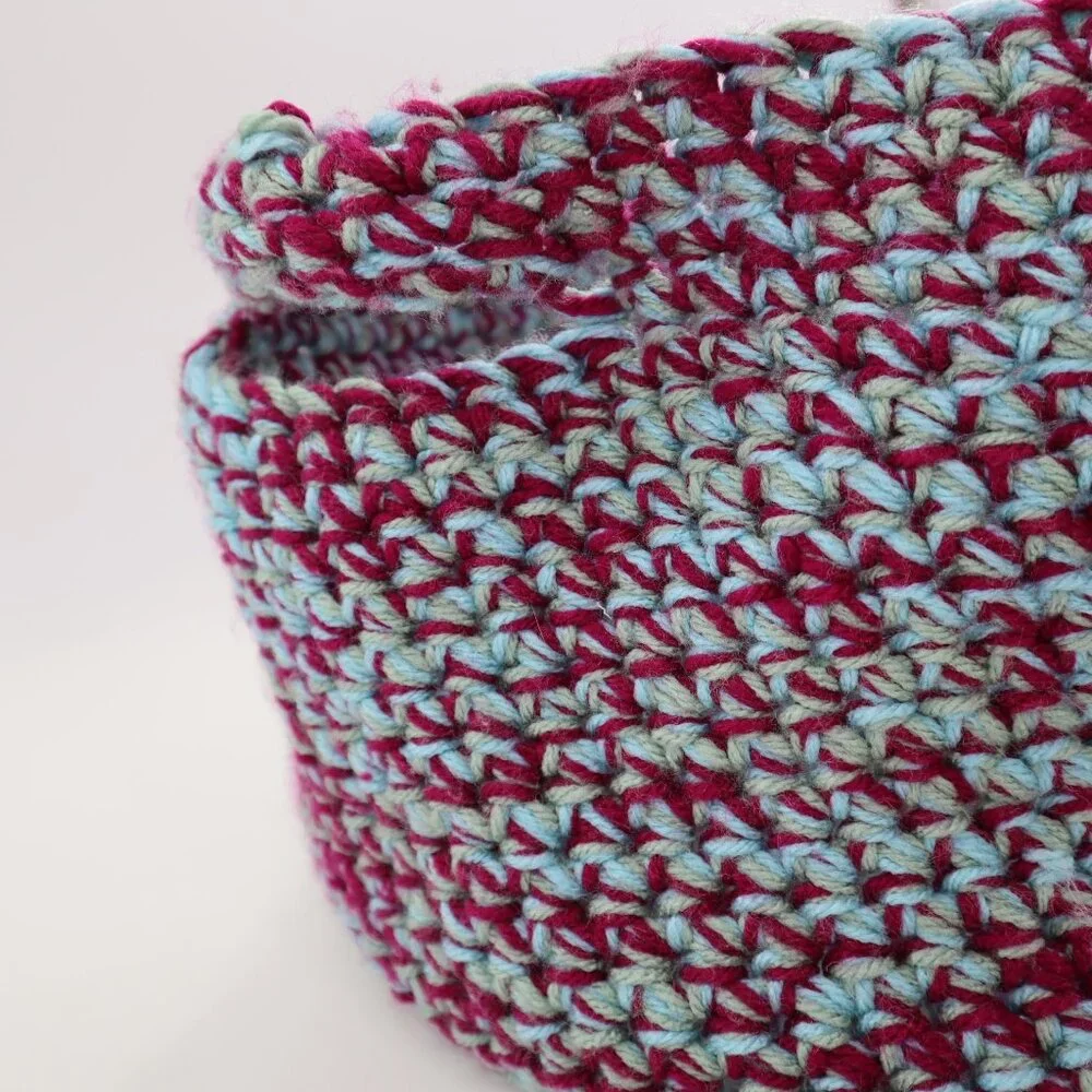 Handmade Knit Basket Bag With Handles‎ Burgundy Teal Yarn Boho Granny Cottage